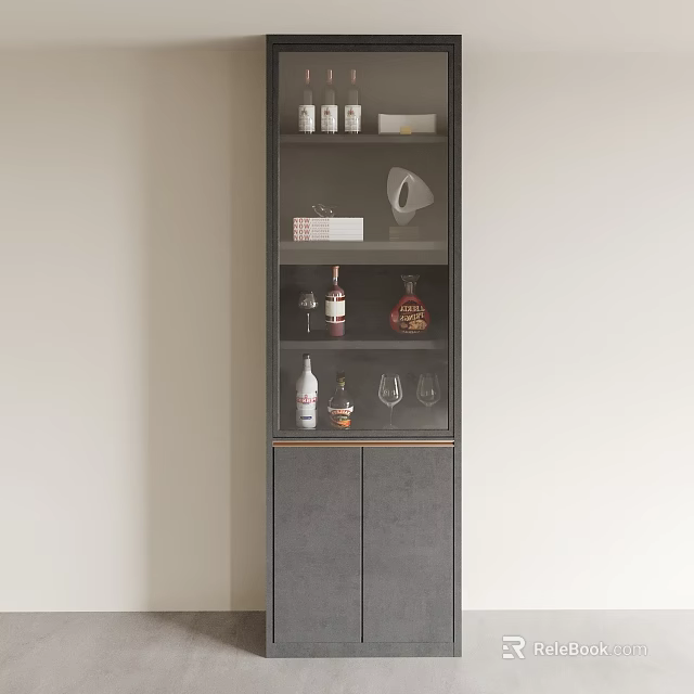 Modern Wine Cabinet With Glass Doors Displaying Wine Bottles And Glasses 3d model 