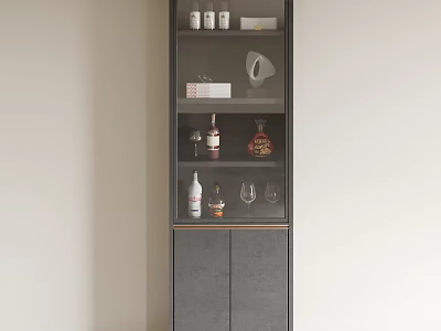 Modern Wine Cabinet With Glass Doors Displaying Wine Bottles And Glasses 3d model
