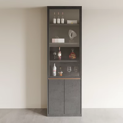 Modern Wine Cabinet With Glass Doors Displaying Wine Bottles And Glasses 3d model