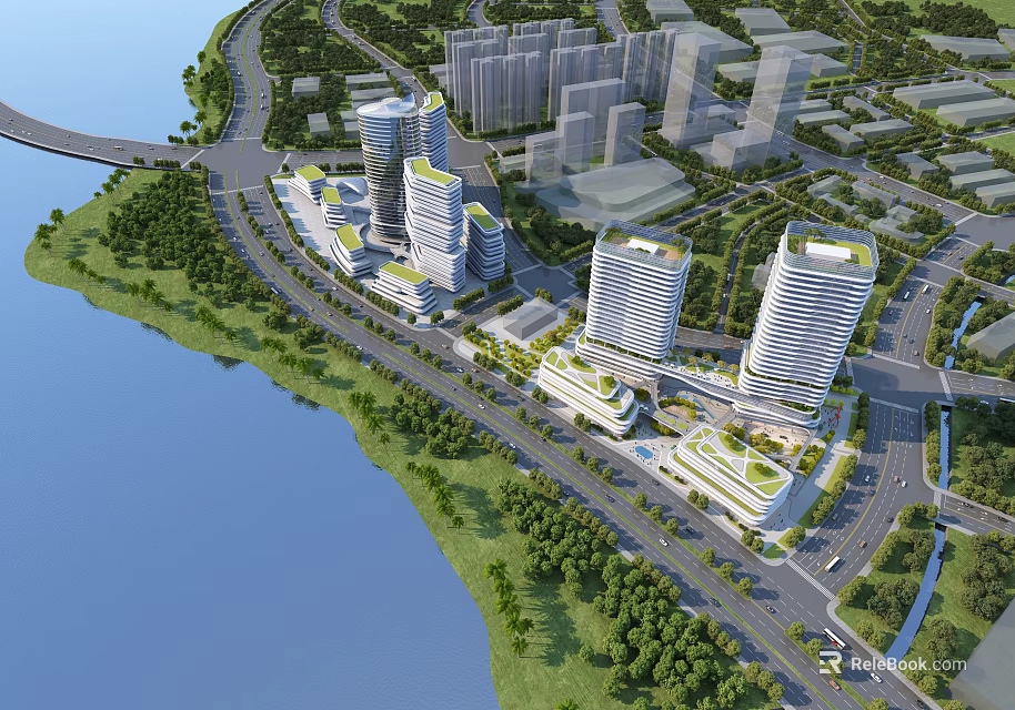 Waterfront Modern Commercial Complex With Tall Buildings Lush Greenery And Surrounding Roads 3d model 