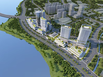 Waterfront Modern Commercial Complex With Tall Buildings Lush Greenery And Surrounding Roads 3d model
