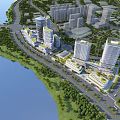 Waterfront Modern Commercial Complex With Tall Buildings Lush Greenery And Surrounding Roads