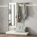 Modern Sofa Bench With Light Green Cushions Mirror And Gray Wall Wooden Floor