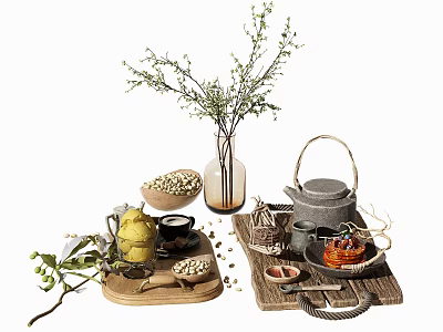 Traditional Food Arrangement With Peanuts Jam Tea Set And Vase With Branches On Wooden Trays 3d model