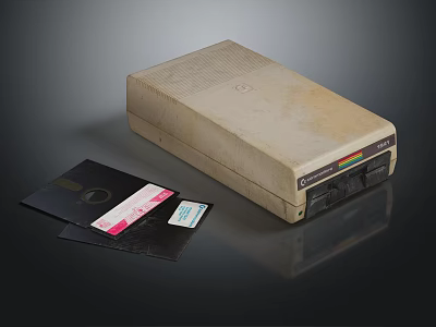 Retro Household Floppy Disk Drive With Beige Casing And Colorful Labeled Floppy Disks 3d model