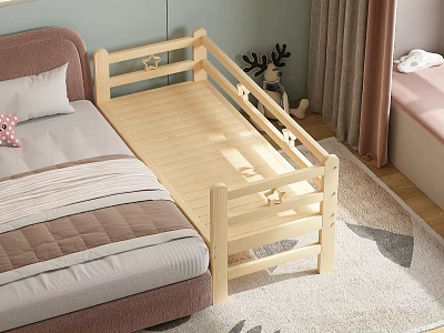 Wooden Toddler Bed With Safety Rail Attached to Adult Bed And Soft Rug And Stuffed Reindeer Toy 3d model