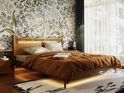 Cozy Bedroom Featuring Green Floral Wallpaper Wooden Headboard Brown Comforter Wooden Floor And Area Rug 3d model
