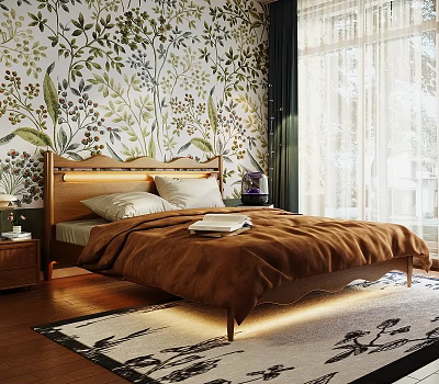 Cozy Bedroom Featuring Green Floral Wallpaper Wooden Headboard Brown Comforter Wooden Floor And Area Rug 3d model