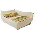 Curved Design Children's Bed With Beige Frame Green Yellow Pillows And Striped Bedding