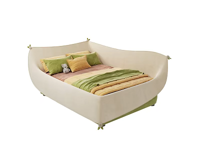 Curved Design Children's Bed With Beige Frame Green Yellow Pillows And Striped Bedding 3d model