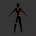Sci Fi Game And Movie Character With Black Orange Tight Suit And Blue Glowing Head