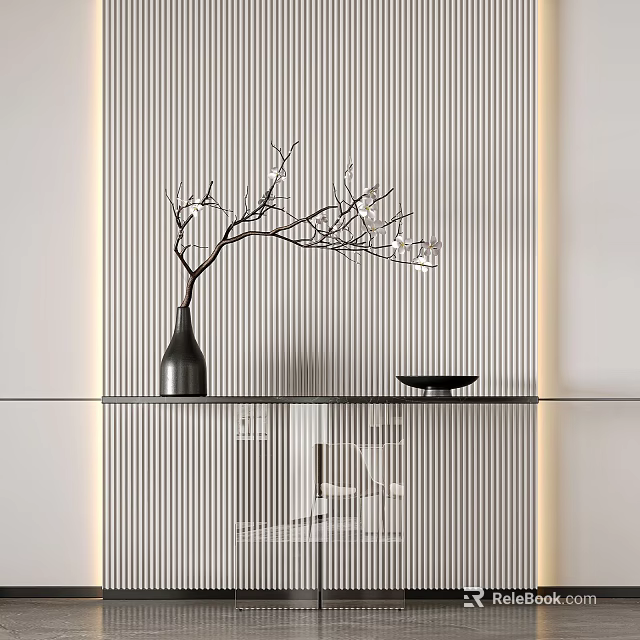 Modern Console Table With Black Vase Decorative Branches Black Dish And Striped Wall Accent Lighting 3d model 