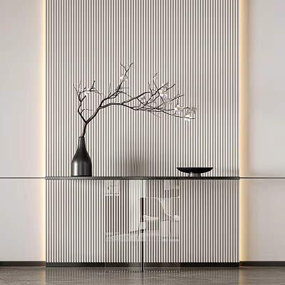 Modern Console Table With Black Vase Decorative Branches Black Dish And Striped Wall Accent Lighting 3d model
