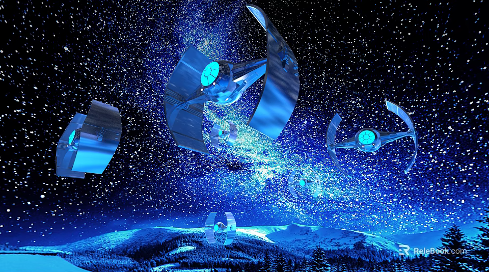 Blue Spaceships Flying in Starry Sky Over Mountainous Planet Surface 3d model