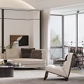 Modern Living Room Interior With Beige Sofa Marble Accent Wall And Round Rug