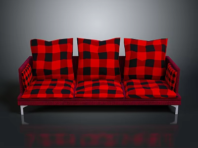 Modern Sofa With Red And Black Checkered Cushions Red Frame And Silver Metal Legs 3d model