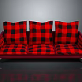 Modern Sofa With Red And Black Checkered Cushions Red Frame And Silver Metal Legs