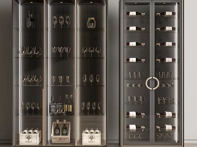 Modern Wine Cabinet With Glass Doors And Metal Frame Holding Wine Bottles And Glasses 3d model