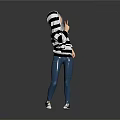Person In Black And White Striped Hoodie Blue Jeans White Sneakers On Gray Background