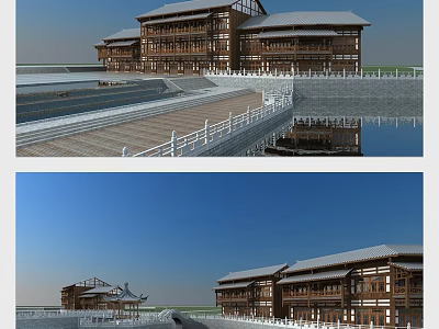 Traditional Ancient Wooden Architecture With Gray Roof Water Pool And Boardwalk Platform 3d model