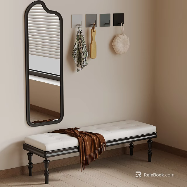 Cozy Interior Corner With Wall Mirror Hanging Decor And Bench With Blanket 3d model