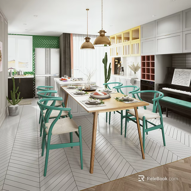 Modern Dining Table Set With Green Chairs Tableware Pendant Lights And Kitchen Background 3d model