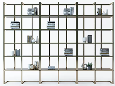 Modern Metal Shelving Unit With Stacked Books Decorative Items And Small Plants 3d model