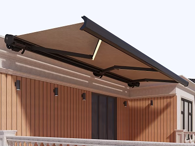 Modern Awning With Black Frame Over Wooden Wall Porch And Balcony Railing 3d model