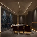 Modern Luxury Restaurant Interior With Marble Walls Bonsai Tree Pendant Light And Artwork