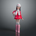 Children's Doll Wearing Red Coat White Hat Scarf And Pink Boots Holding Bag