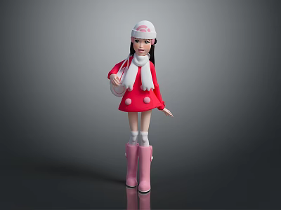 Children's Doll Wearing Red Coat White Hat Scarf And Pink Boots Holding Bag 3d model