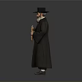 Elderly Man in Black Robe and Hat Holding Golden Scroll Against Gray Background