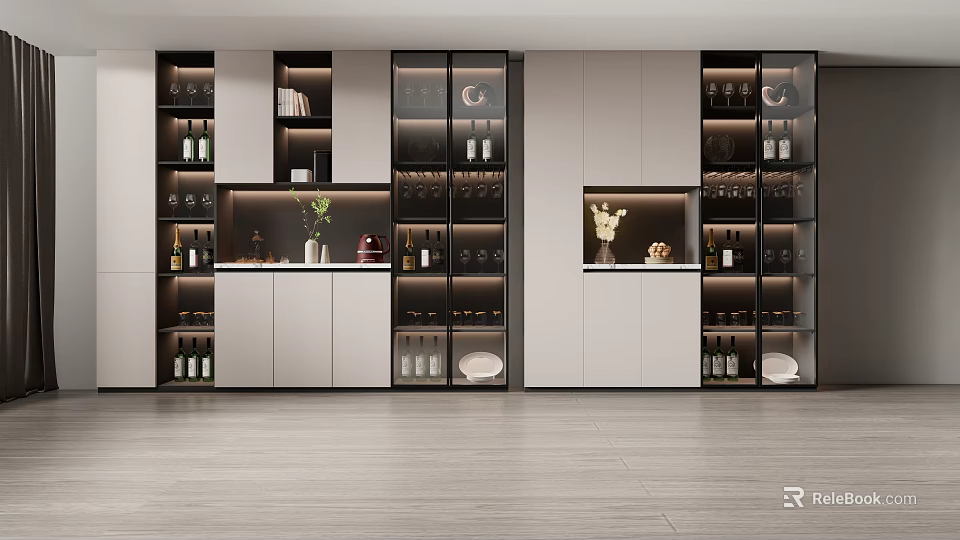 Modern Wine Cabinet With Glass Doors LED Lighting And Wine Bottle 3d model 