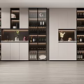 Modern Wine Cabinet With Glass Doors LED Lighting And Wine Bottle