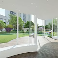 Modern Pergola Design With Curved White Frame Wooden Deck And Hanging Decorations
