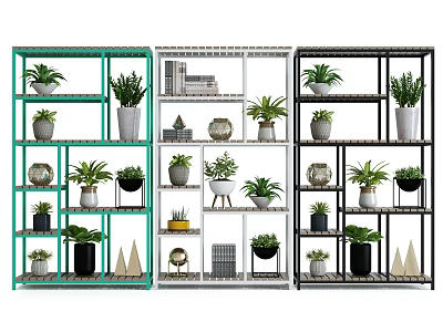 Green White Black Metal Shelves With Potted Plants And Decorative Items 3d model