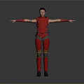 Character In Red Tactical Costume With Arms Outstretched On Gray Background