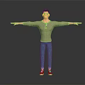 Male Character Standing In Green Long Sleeve Shirt Blue Jeans With Outstretched Arms Dark Background 3d model