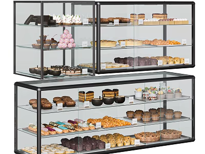 Charming Dessert Shop Interior with Various Pastries Cakes and Cookies in Glass Display Cases 3d model