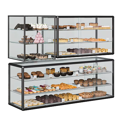 Charming Dessert Shop Interior with Various Pastries Cakes and Cookies in Glass Display Cases 3d model