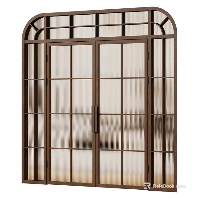 Modern Double Swing Door With Glass Panels And Metal Grid Frame 3d model 