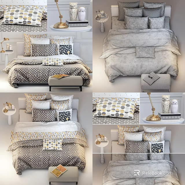 Modern Double Bed With Patterned Pillows Cozy Duvet And Decorative Lamp 3d model 