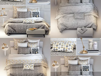 Modern Double Bed With Patterned Pillows Cozy Duvet And Decorative Lamp 3d model