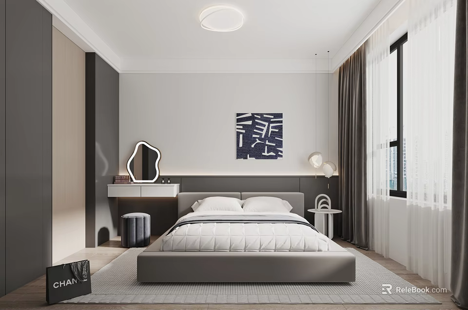 Modern Bedroom Interior With Platform Bed Headboard Wall Art Mirror Lighting And Curtains 3d model 