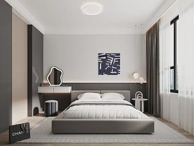 Modern Bedroom Interior With Platform Bed Headboard Wall Art Mirror Lighting And Curtains 3d model