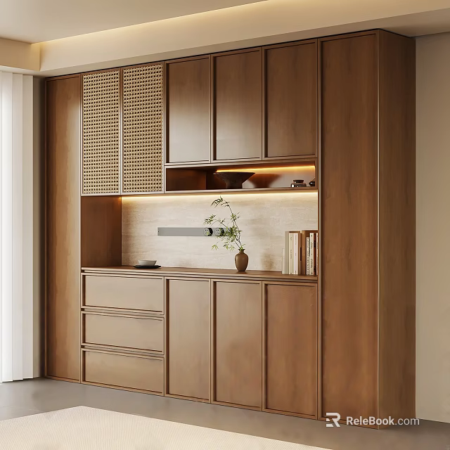 Modern Wooden Sideboard Design With Cabinets Drawers Built in LED Lighting And Light Tile Backsplash 3d model 