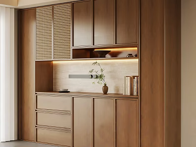 Modern Wooden Sideboard Design With Cabinets Drawers Built in LED Lighting And Light Tile Backsplash 3d model