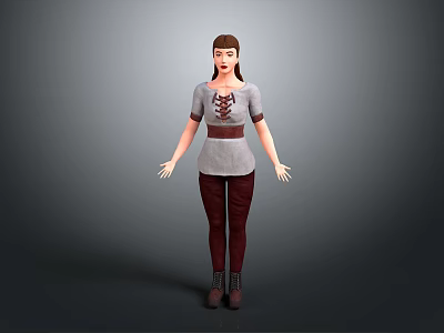 Detailed Female Character With Companion Creature In Gray Top Red Pants And Leather Boots 3d model