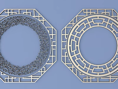 Traditional Carved Lattice Windows with Octagonal Frame and Circular Geometric Patterns 3d model