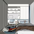 Modern Tatami Bedroom With Blue Gray Decor Bookshelf Desk Chair Colorful Rug And Window